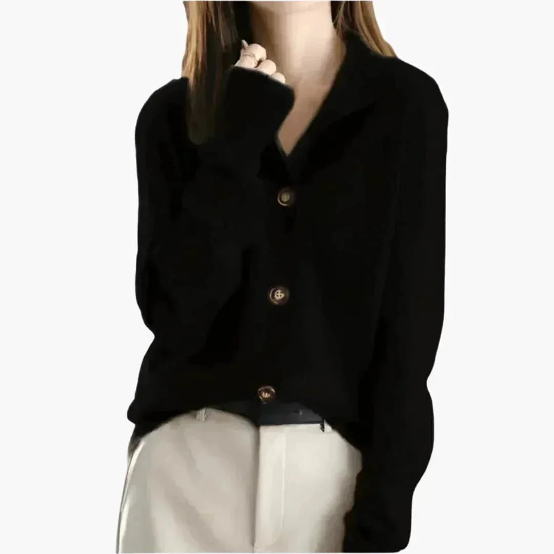 Black Women's Collared Button Up Cardigan — Carolina Ribbed-Cuff Longline Knit - Chin Touch Detail