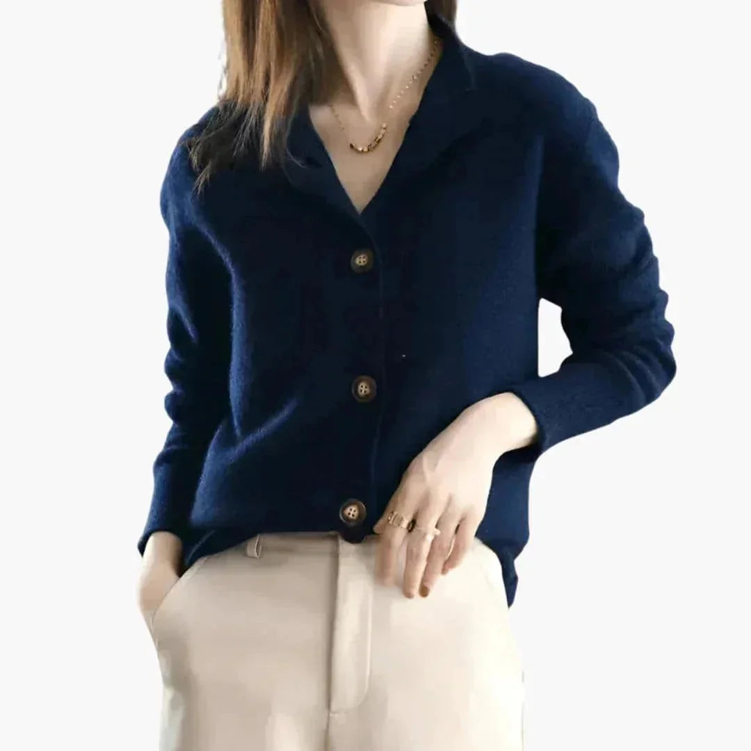 Blue Women's Collared Button Up Cardigan — Carolina Ribbed-Cuff Longline Knit - Hand In Pocket