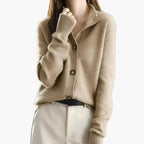 Khaki Women's Collared Button Up Cardigan — Carolina Ribbed-Cuff Longline Knit - Close Up Neckline