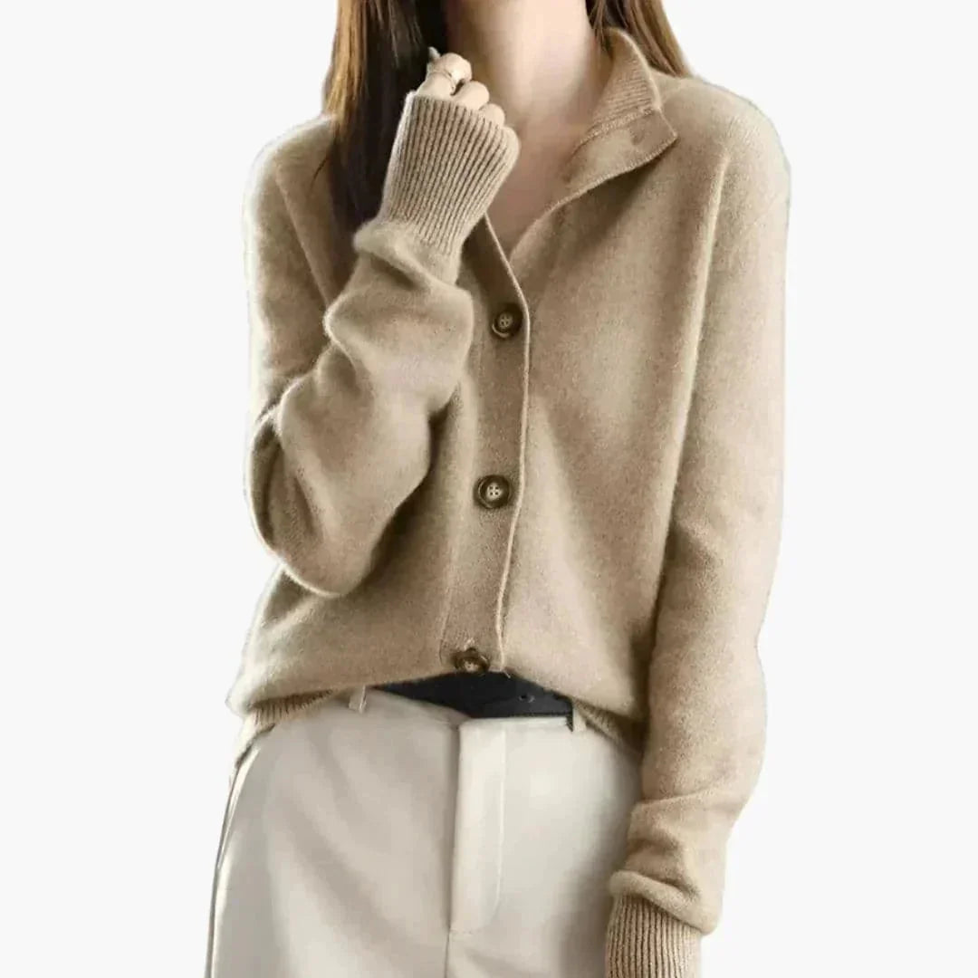 Khaki Women's Collared Button Up Cardigan — Carolina Ribbed-Cuff Longline Knit - Close Up Neckline
