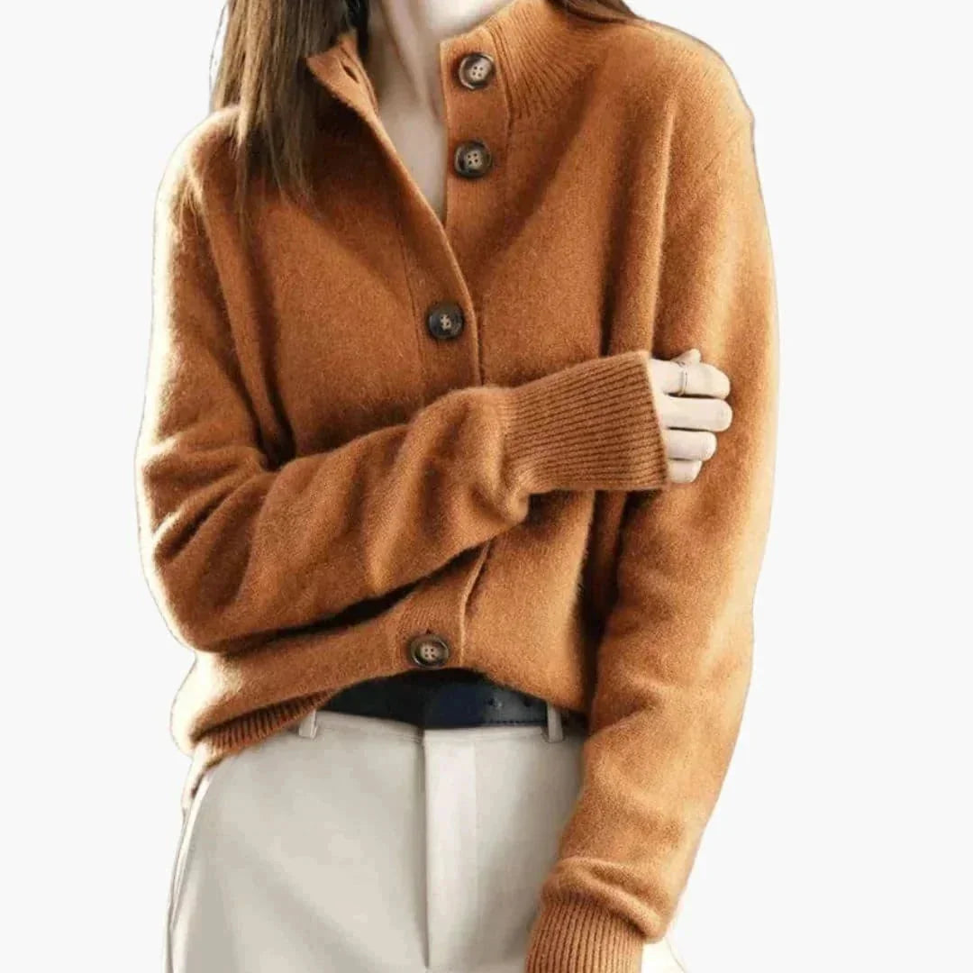 Orange Women's Collared Button Up Cardigan — Carolina Ribbed-Cuff Longline Knit - Crossed Arms Pose