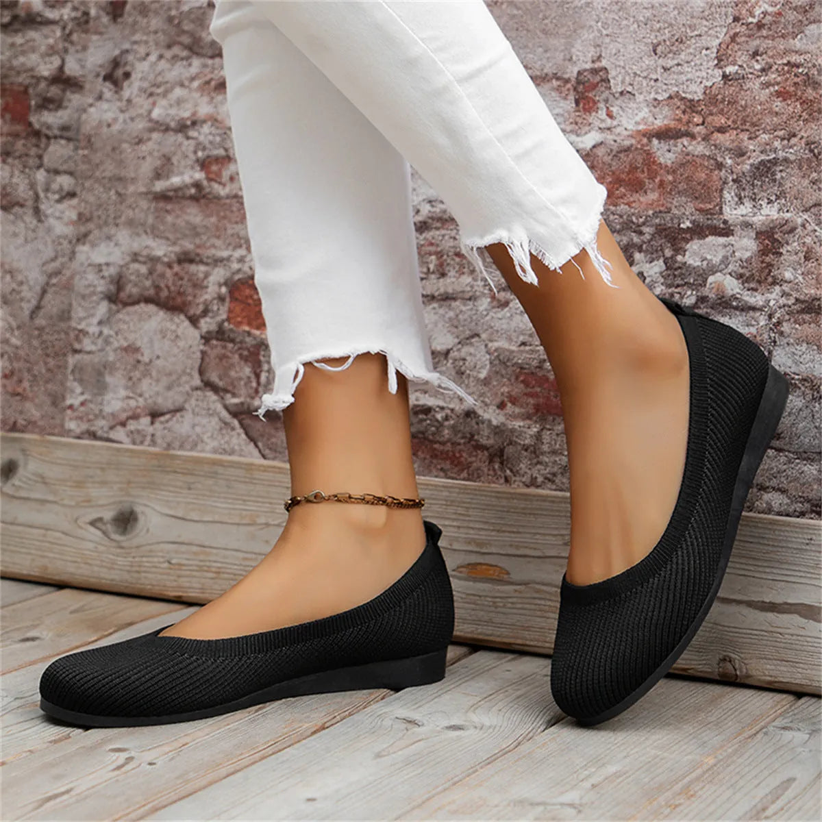 Black Women's Orthopedic Ballet Flats — Anna Mesh Round Toe Slip-On - Worn Side Pose