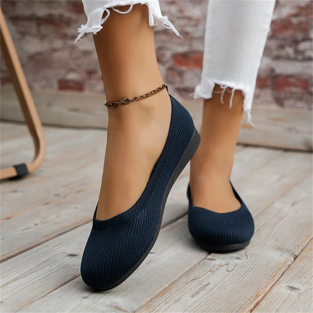 Blue Women's Orthopedic Ballet Flats — Anna Mesh Round Toe Slip-On - Worn Front Pose