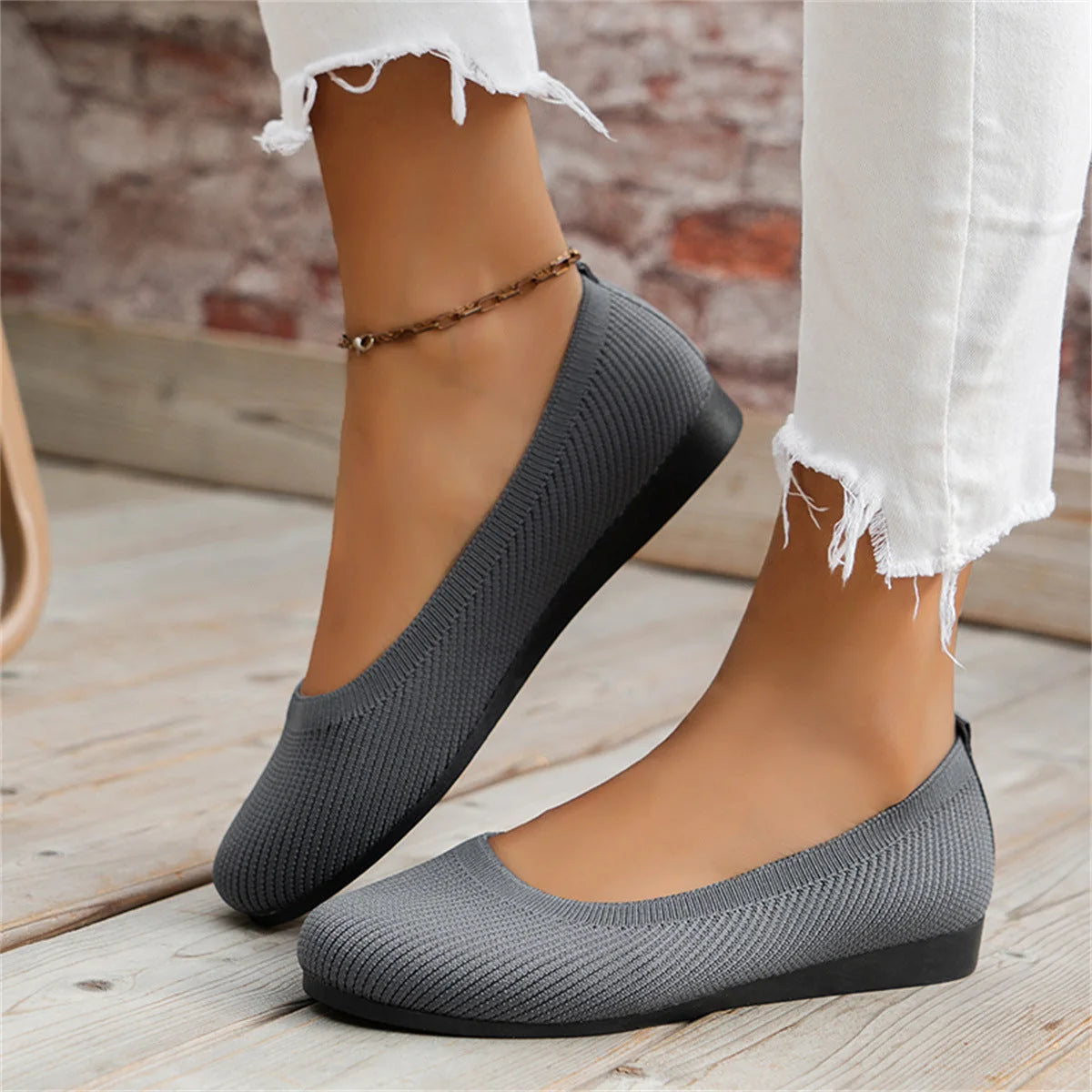 Gray Women's Orthopedic Ballet Flats — Anna Mesh Round Toe Slip-On - Worn Outdoor Pose