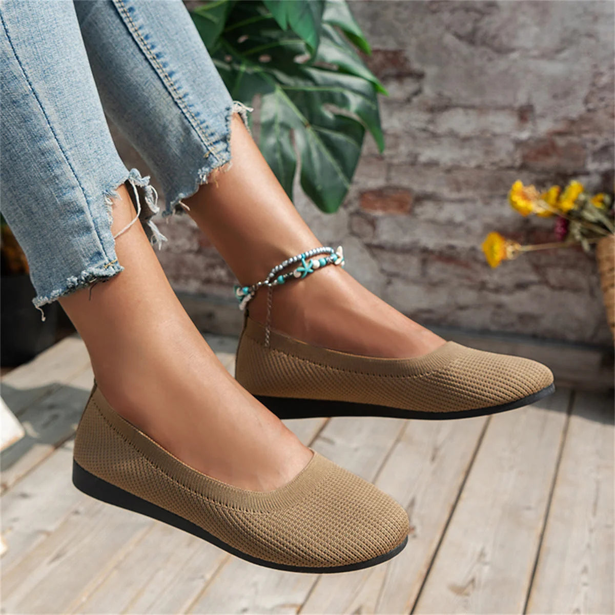 Khaki Women's Orthopedic Ballet Flats — Anna Mesh Round Toe Slip-On - Worn Lifestyle