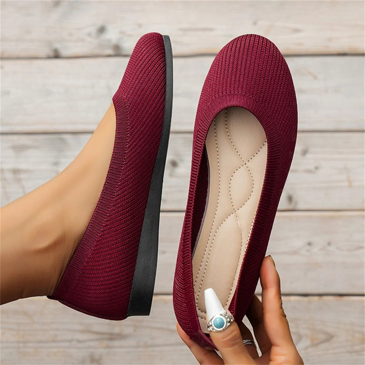 Red Women's Orthopedic Ballet Flats — Anna Mesh Round Toe Slip-On - Hand Held Pair