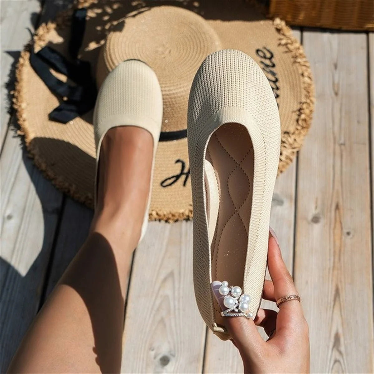 White Women's Orthopedic Ballet Flats — Anna Mesh Round Toe Slip-On - Flat Lay Pearl Detail