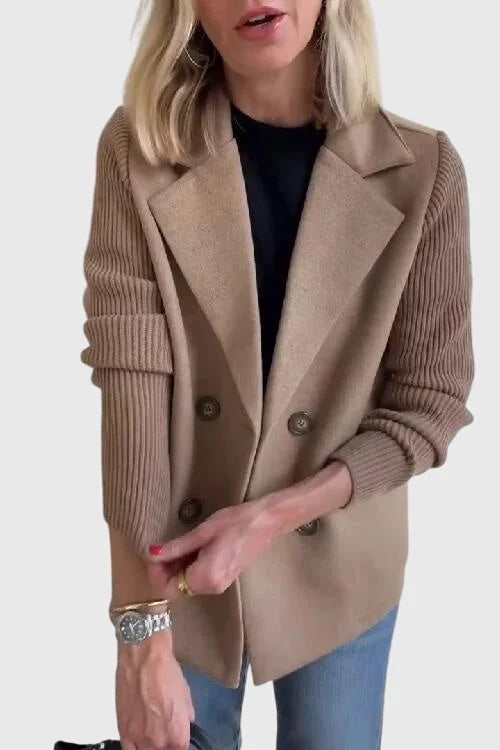 Khaki Women's Double-Breasted Blazers — Isabella Contrast-Sleeve Notched Lapel - Front Detail Hand