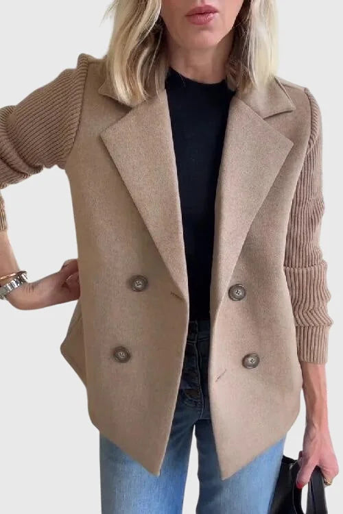 Khaki Women's Double-Breasted Blazers — Isabella Contrast-Sleeve Notched Lapel - Front Full