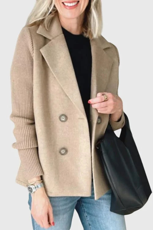 Khaki Women's Double-Breasted Blazers — Isabella Contrast-Sleeve Notched Lapel - Smiling With Bag