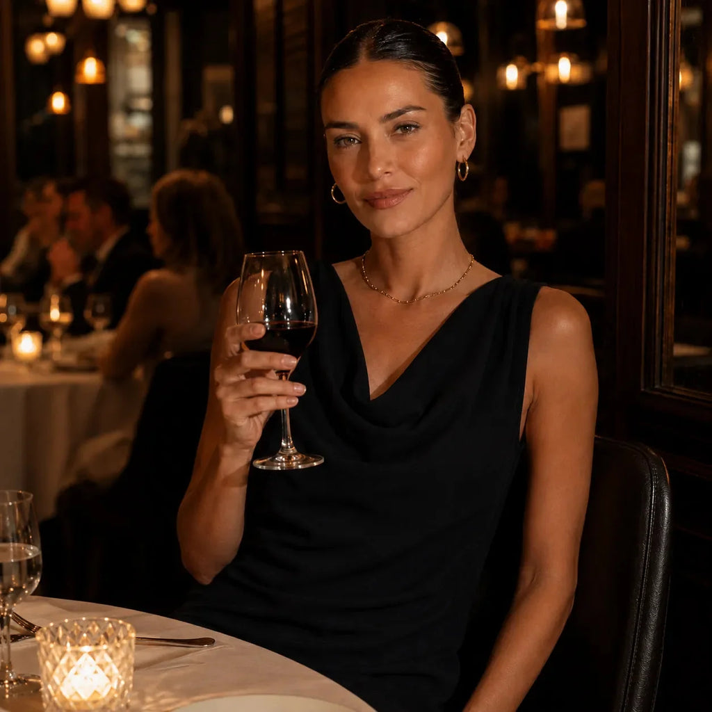Black Women's Cowl Neck Mini Dress — Tess Relaxed-Fit Shift with Pockets - Close Up Seated Dinner
