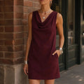 Burgundy Women's Cowl Neck Mini Dress — Tess Relaxed-Fit Shift with Pockets - Front Full Pose