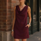 Burgundy Women's Cowl Neck Mini Dress — Tess Relaxed-Fit Shift with Pockets - Front Full Pose