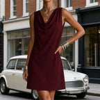 Burgundy Women's Cowl Neck Mini Dress — Tess Relaxed-Fit Shift with Pockets - Front Full Street Car