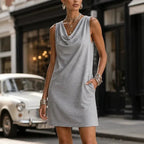 Gray Women's Cowl Neck Mini Dress — Tess Relaxed-Fit Shift with Pockets - Front Full Street