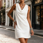 Multicolor Women's Cowl Neck Mini Dress — Tess Relaxed-Fit Shift with Pockets - Front Full Street