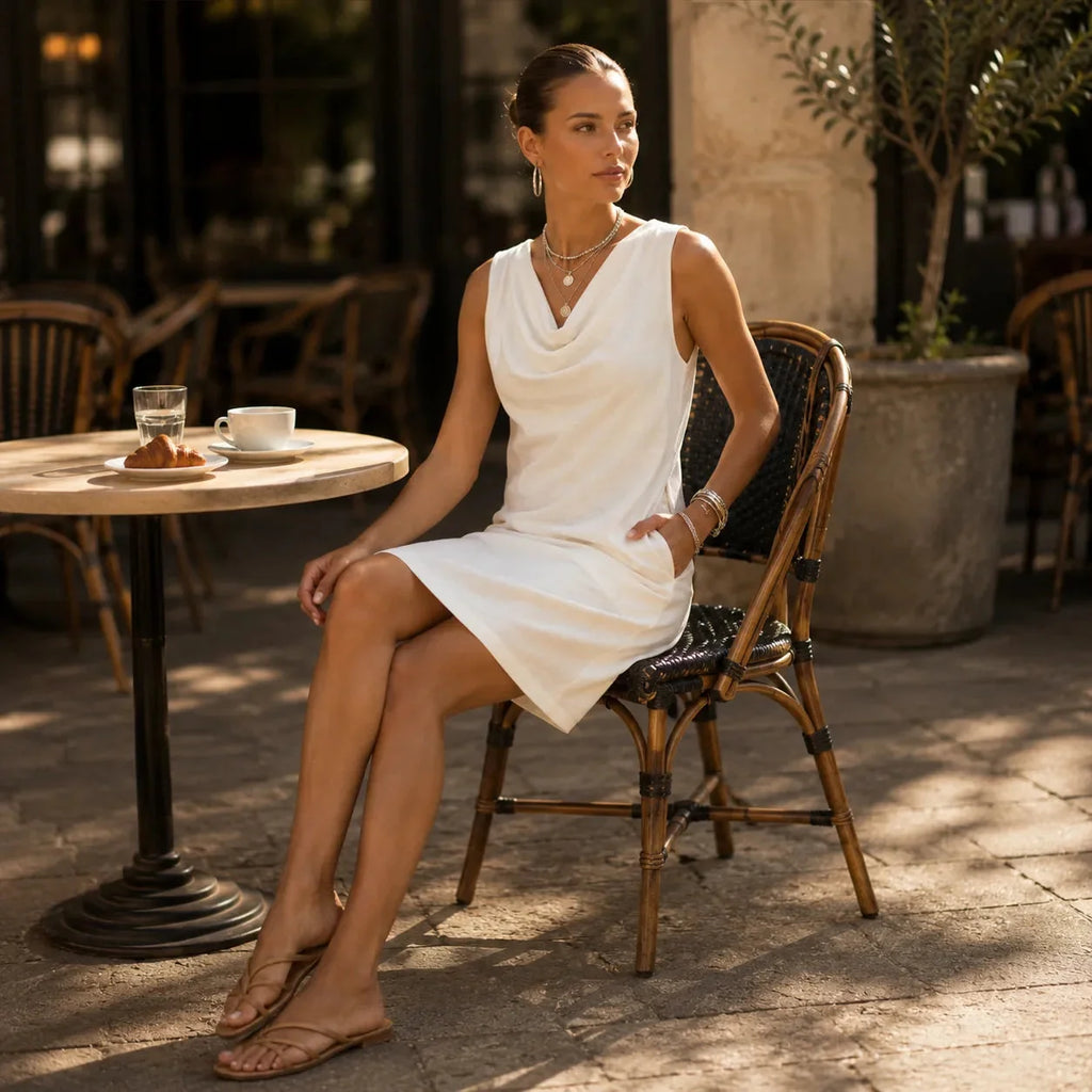 Multicolor Women's Cowl Neck Mini Dress — Tess Relaxed-Fit Shift with Pockets - Seated Cafe Pose