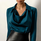 Blue Women's Cowl Neck Silk Blouse — Clementine Lightweight Draped Long Sleeve - Close Up Neckline