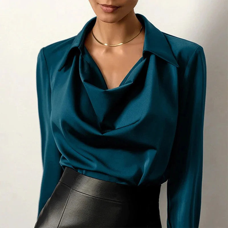 Blue Women's Cowl Neck Silk Blouse — Clementine Lightweight Draped Long Sleeve - Close Up Neckline