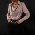 Khaki Women's Cowl Neck Silk Blouse — Clementine Lightweight Draped Long Sleeve - Front Full