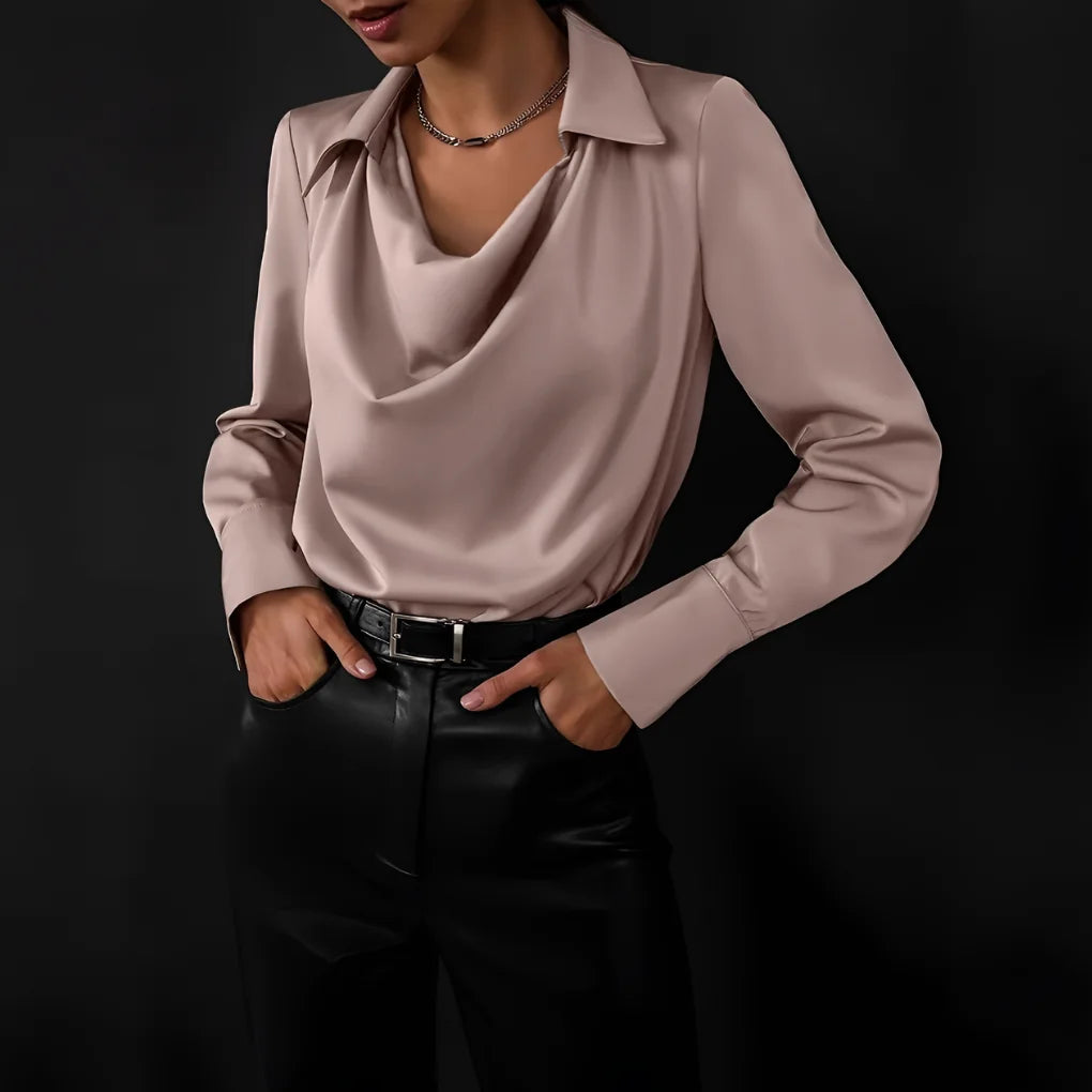 Khaki Women's Cowl Neck Silk Blouse — Clementine Lightweight Draped Long Sleeve - Front Full