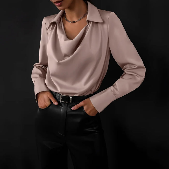 Khaki Women's Cowl Neck Silk Blouse — Clementine Lightweight Draped Long Sleeve - Front Full