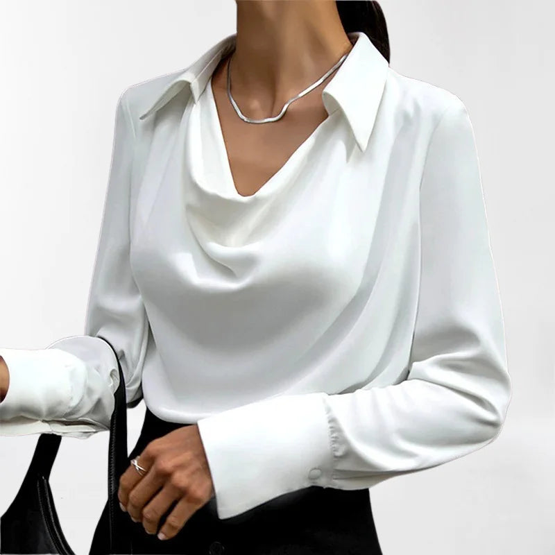 White Women's Cowl Neck Silk Blouse — Clementine Lightweight Draped Long Sleeve - Worn Lifestyle