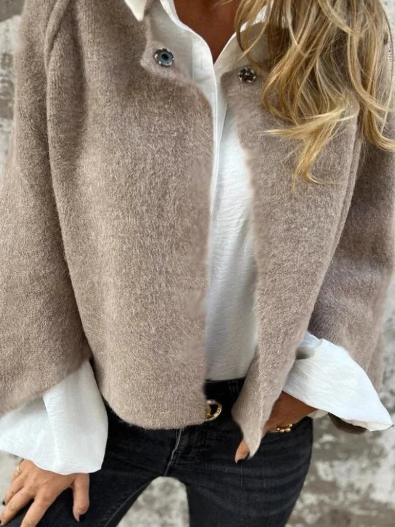 Beige Women's Cropped Button-Front Cardigan — Saskia Oversized Everyday Layer - Close Up Buttons
