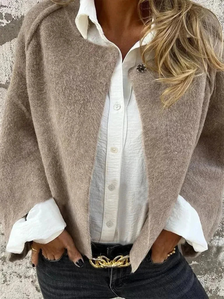 Beige Women's Cropped Button-Front Cardigan — Saskia Oversized Everyday Layer - Front Detail Pockets