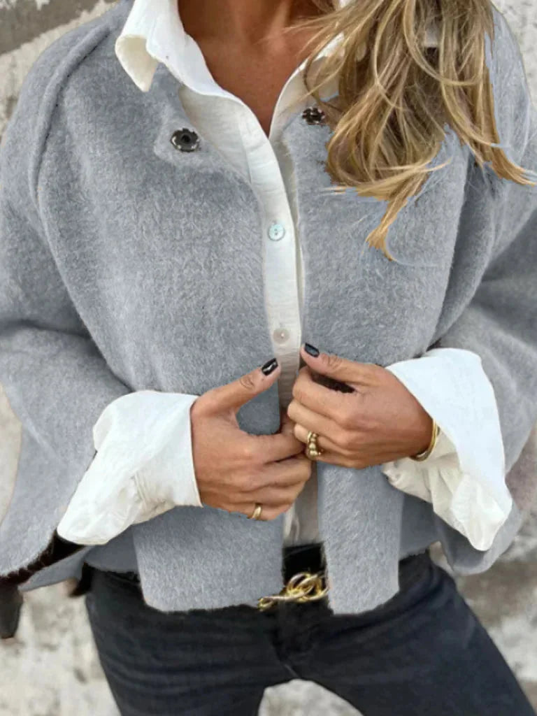 Gray Women's Cropped Button-Front Cardigan — Saskia Oversized Everyday Layer - Front Detail