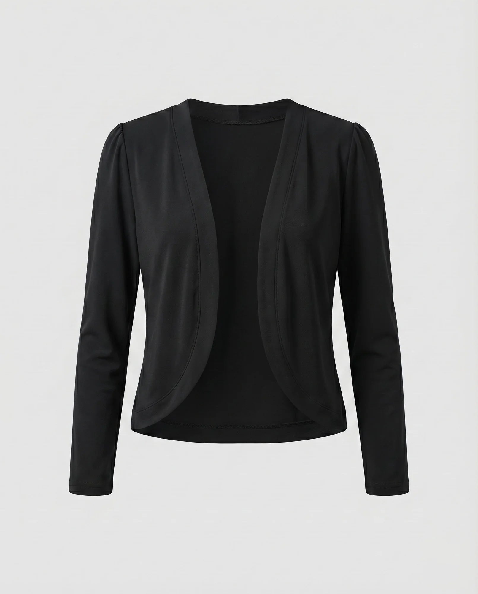 Black Women's Cropped Open-Front Blazer — Trixie Stretch-Knit Shawl Collar Fitted - Flat Lay