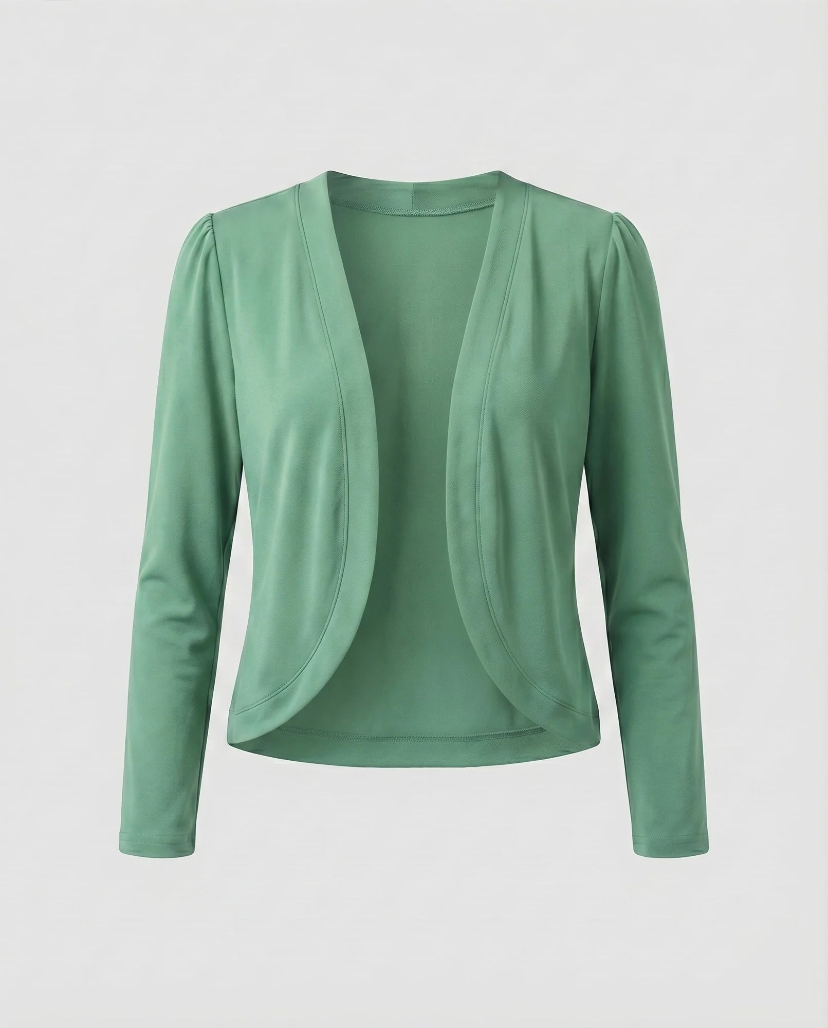 Green Women's Cropped Open-Front Blazer — Trixie Stretch-Knit Shawl Collar Fitted - Flat Lay