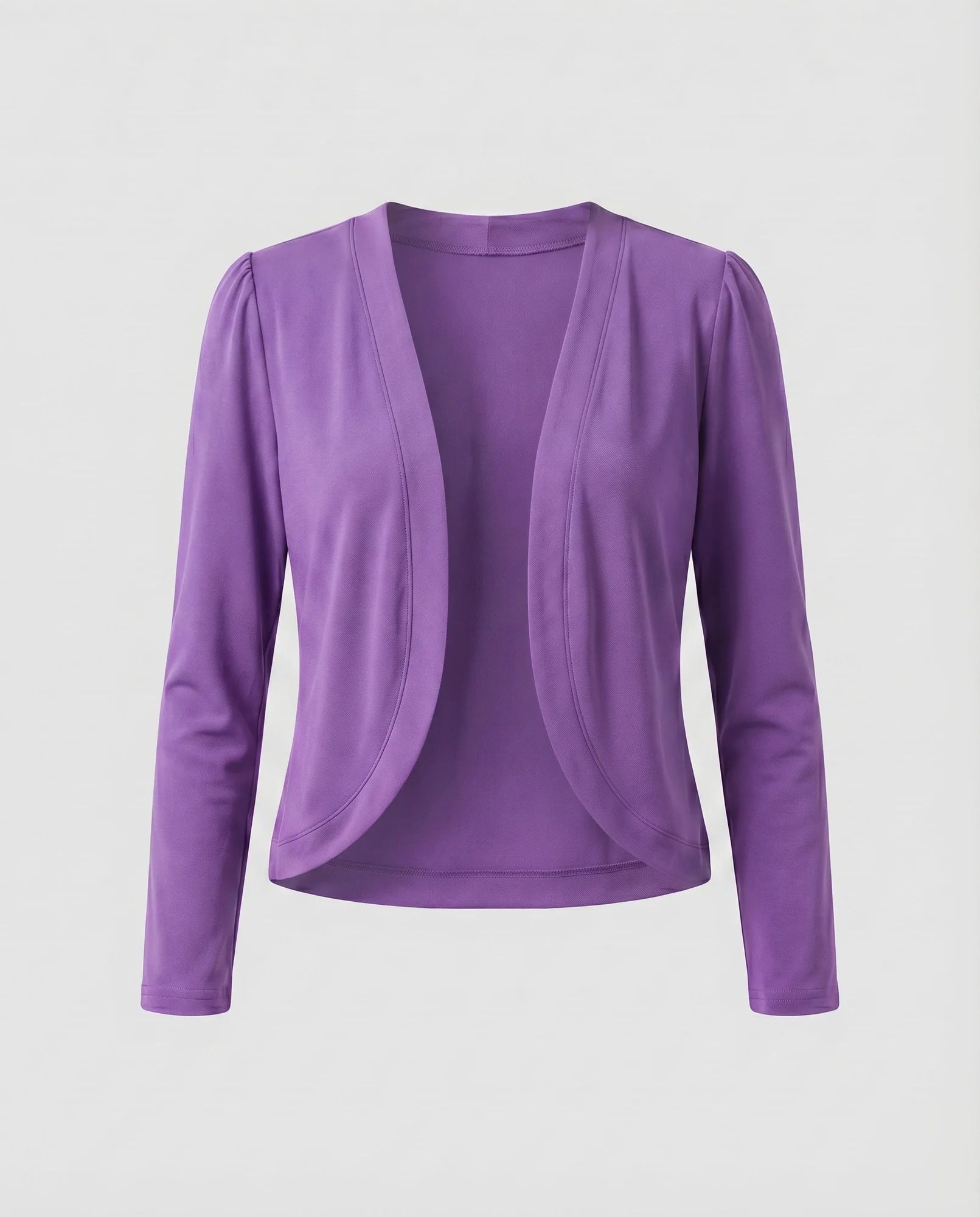Purple Women's Cropped Open-Front Blazer — Trixie Stretch-Knit Shawl Collar Fitted - Flat Lay