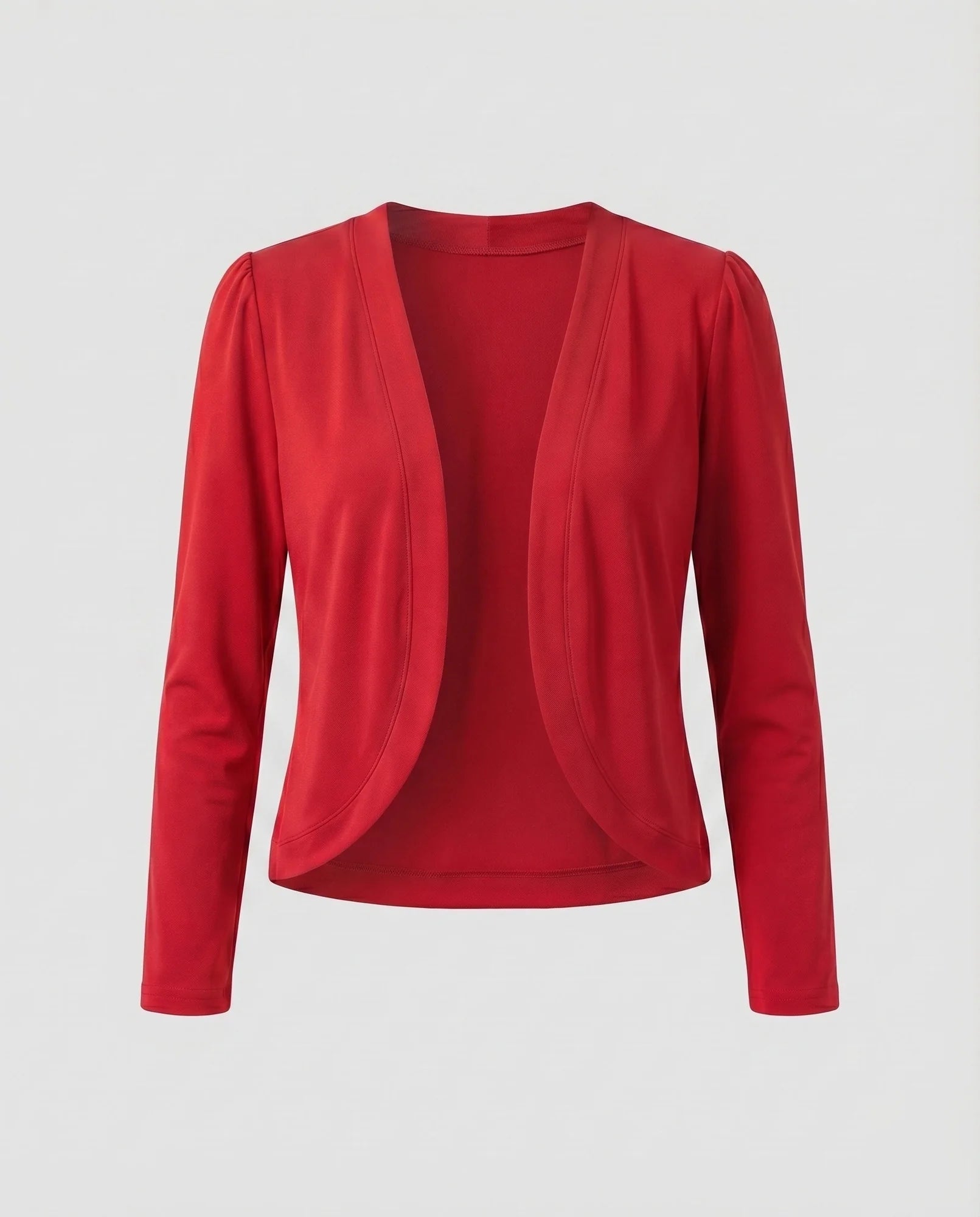 Red Women's Cropped Open-Front Blazer — Trixie Stretch-Knit Shawl Collar Fitted - Flat Lay