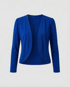 Royal Blue Women's Cropped Open-Front Blazer — Trixie Stretch-Knit Shawl Collar Fitted - Flat Lay