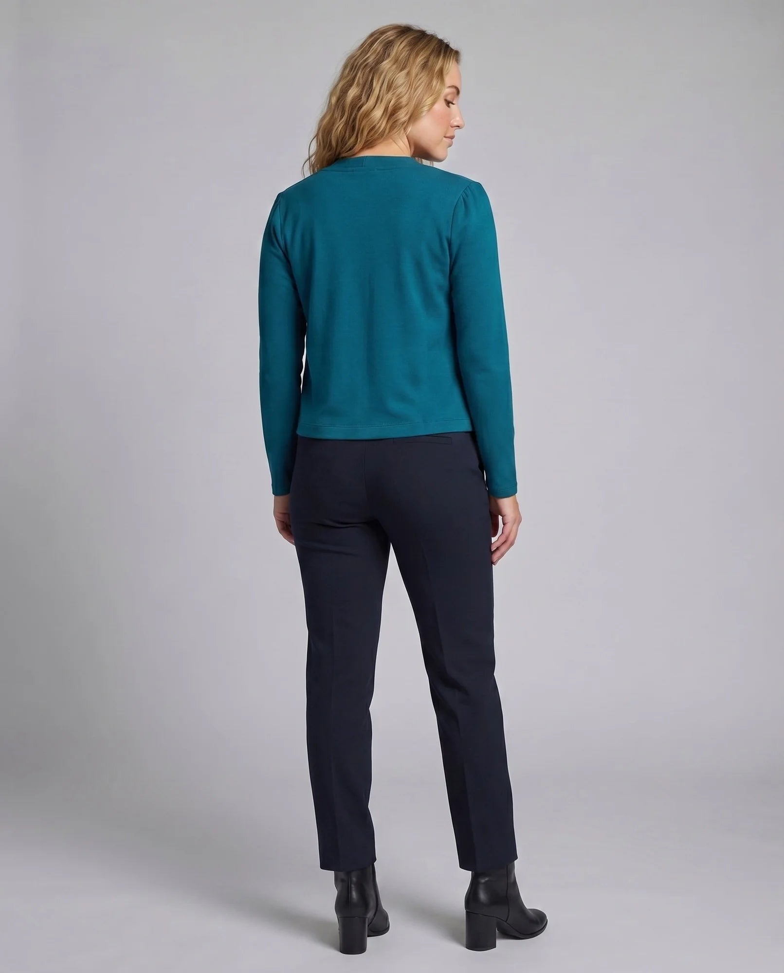 Turquoise Women's Cropped Open-Front Blazer — Trixie Stretch-Knit Shawl Collar Fitted - Back Full