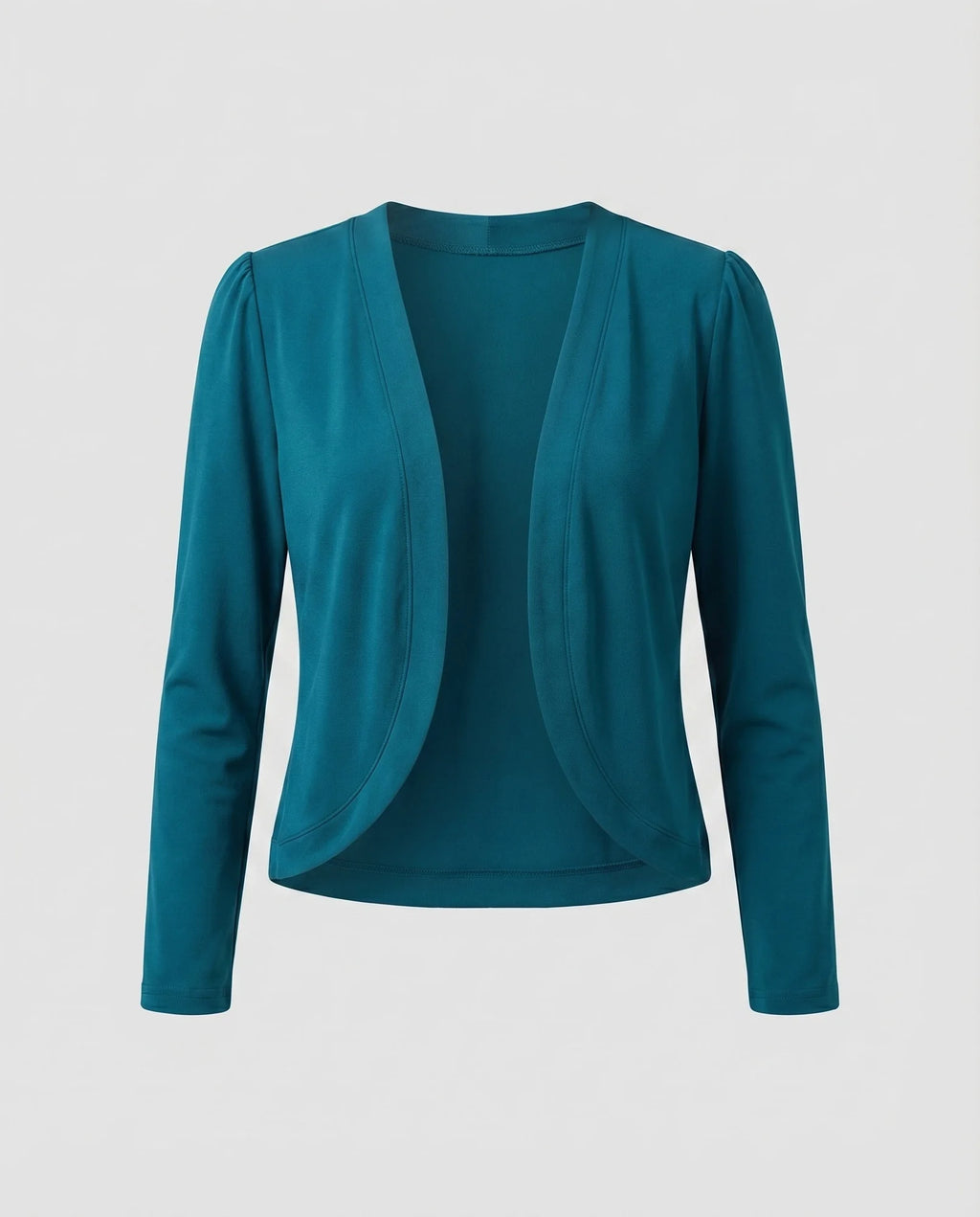 Turquoise Women's Cropped Open-Front Blazer — Trixie Stretch-Knit Shawl Collar Fitted - Flat Lay