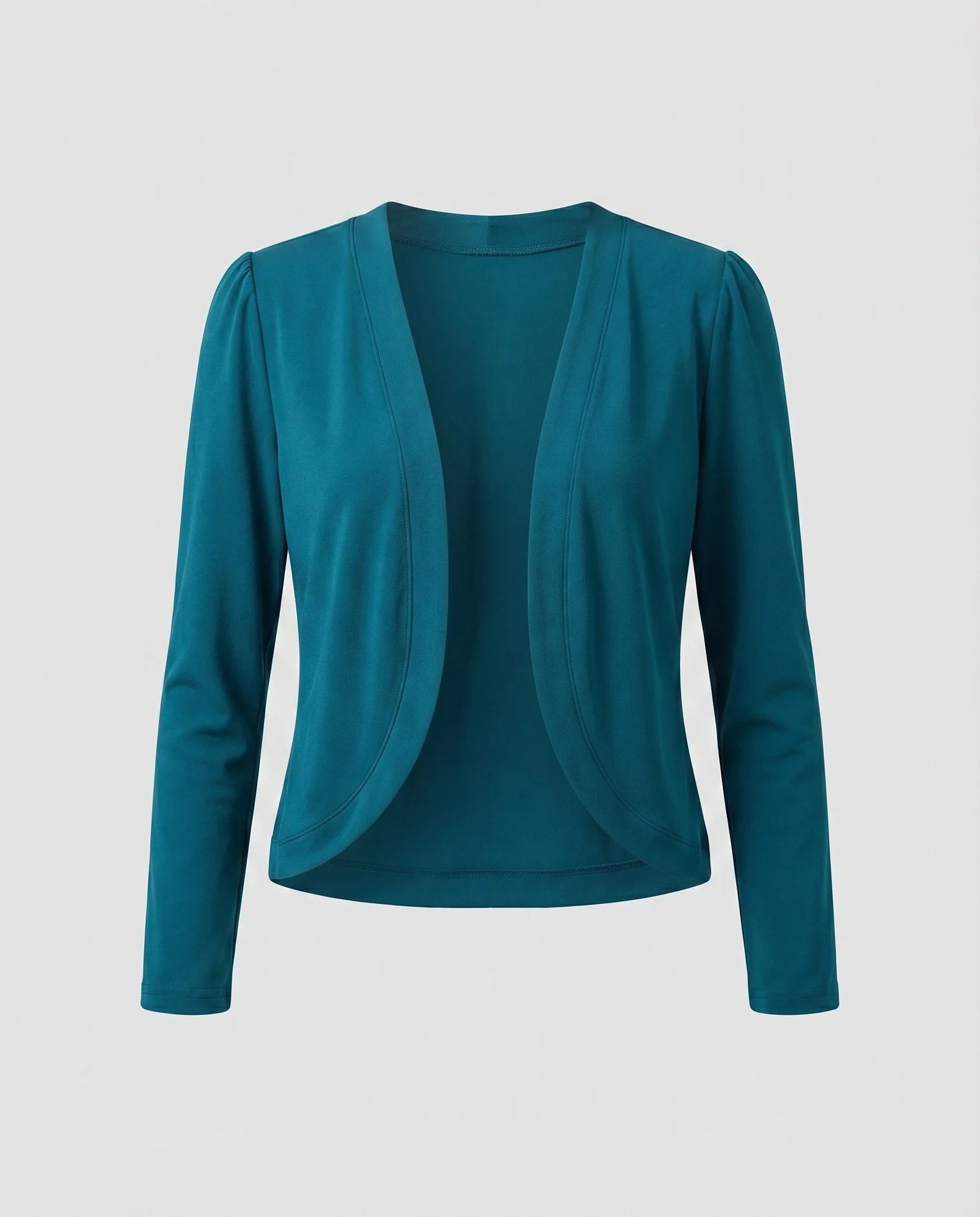 Turquoise Women's Cropped Open-Front Blazer — Trixie Stretch-Knit Shawl Collar Fitted - Flat Lay