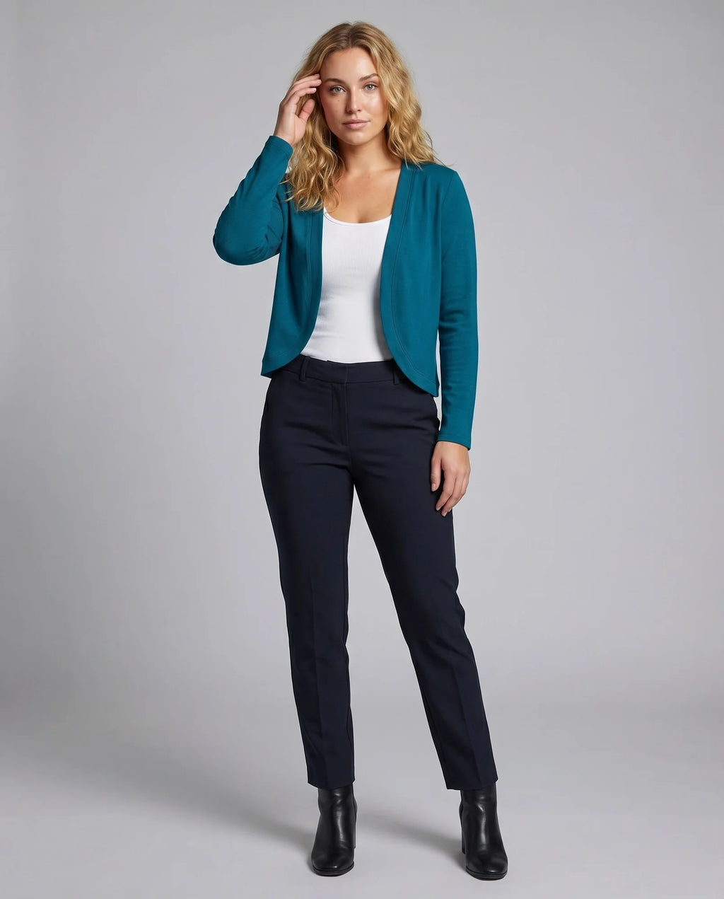 Turquoise Women's Cropped Open-Front Blazer — Trixie Stretch-Knit Shawl Collar Fitted - Front Full Pose