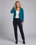 Turquoise Women's Cropped Open-Front Blazer — Trixie Stretch-Knit Shawl Collar Fitted - Front Full Pose