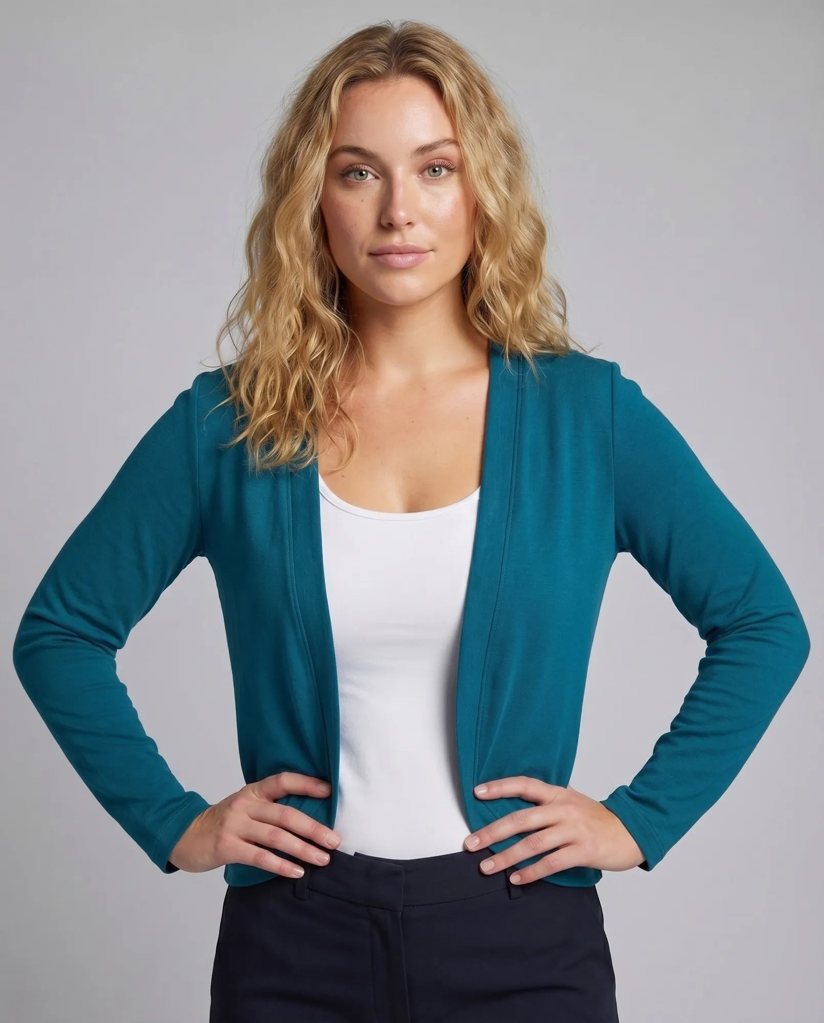 Turquoise Women's Cropped Open-Front Blazer — Trixie Stretch-Knit Shawl Collar Fitted - Hands On Hips
