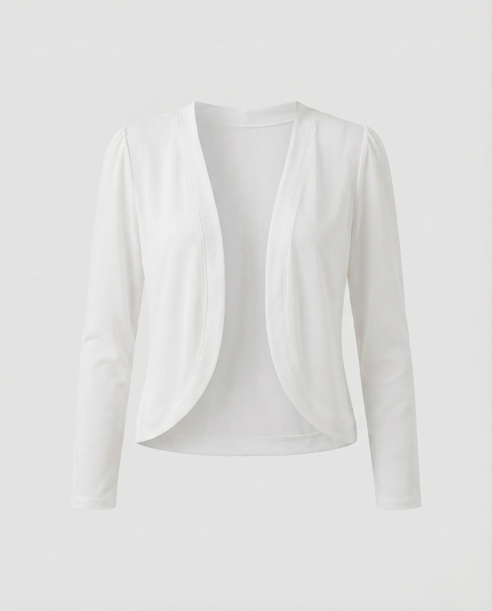 White Women's Cropped Open-Front Blazer — Trixie Stretch-Knit Shawl Collar Fitted - Flat Lay