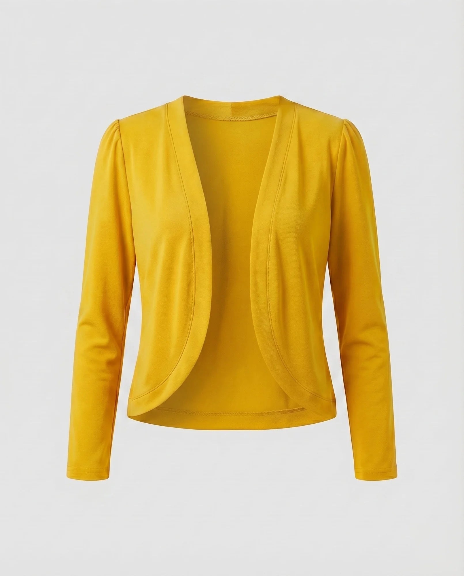 Yellow Women's Cropped Open-Front Blazer — Trixie Stretch-Knit Shawl Collar Fitted - Flat Lay