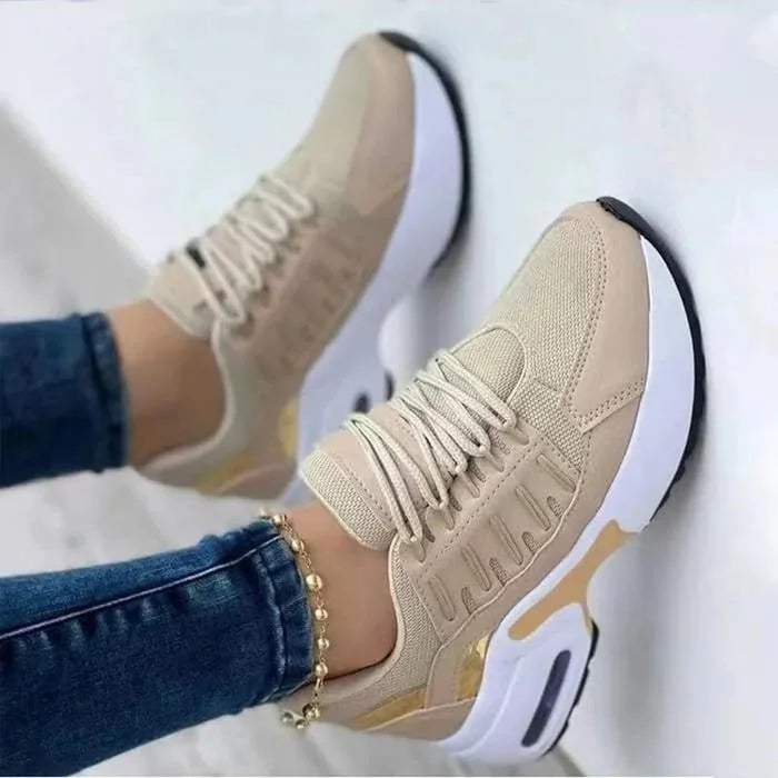 Beige Women's Cushioned Platform Sneakers — Fleur Lightweight Breathable Lace-Up - Toe Up Pose
