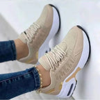 Beige Women's Cushioned Platform Sneakers — Fleur Lightweight Breathable Lace-Up - Toe Up Pose