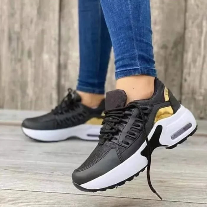 Black Women's Cushioned Platform Sneakers — Fleur Lightweight Breathable Lace-Up - Walking Side Profile