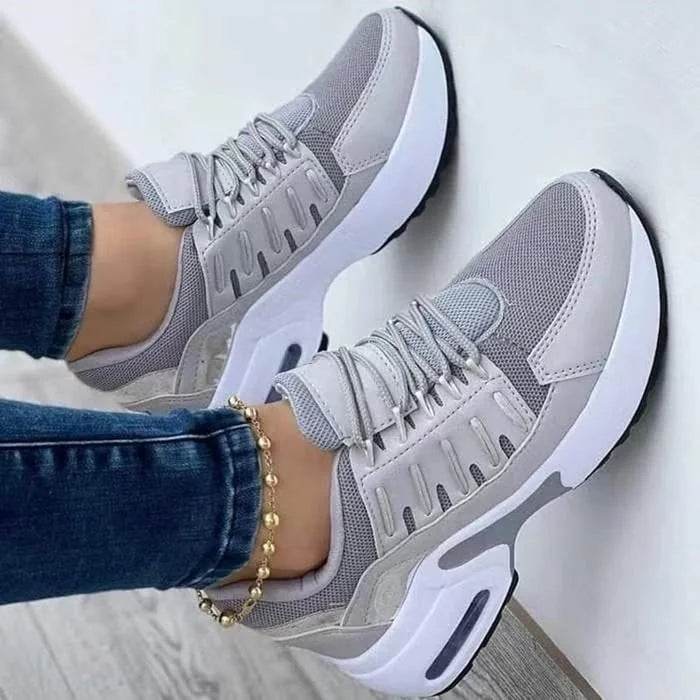 Gray Women's Cushioned Platform Sneakers — Fleur Lightweight Breathable Lace-Up - Side Lean Pose