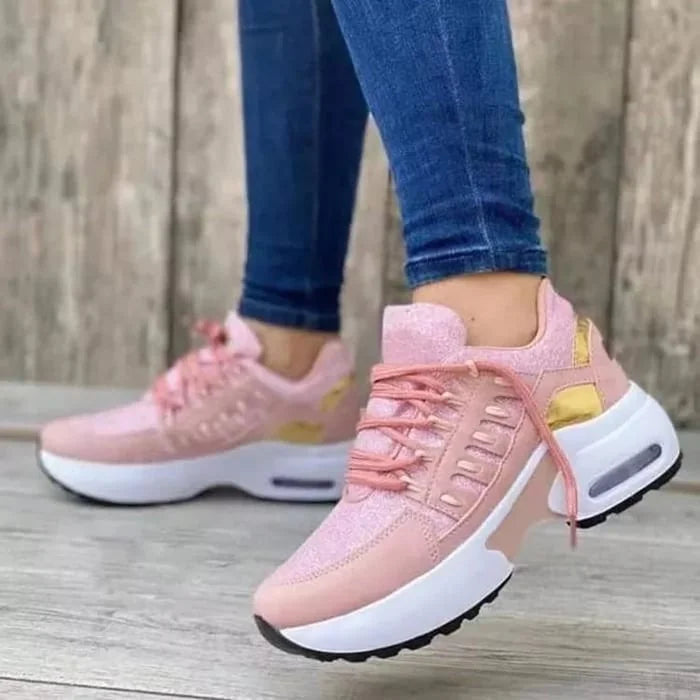 Pink Women's Cushioned Platform Sneakers — Fleur Lightweight Breathable Lace-Up - Jump Pose