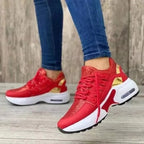 Red Women's Cushioned Platform Sneakers — Fleur Lightweight Breathable Lace-Up - Walking Pose