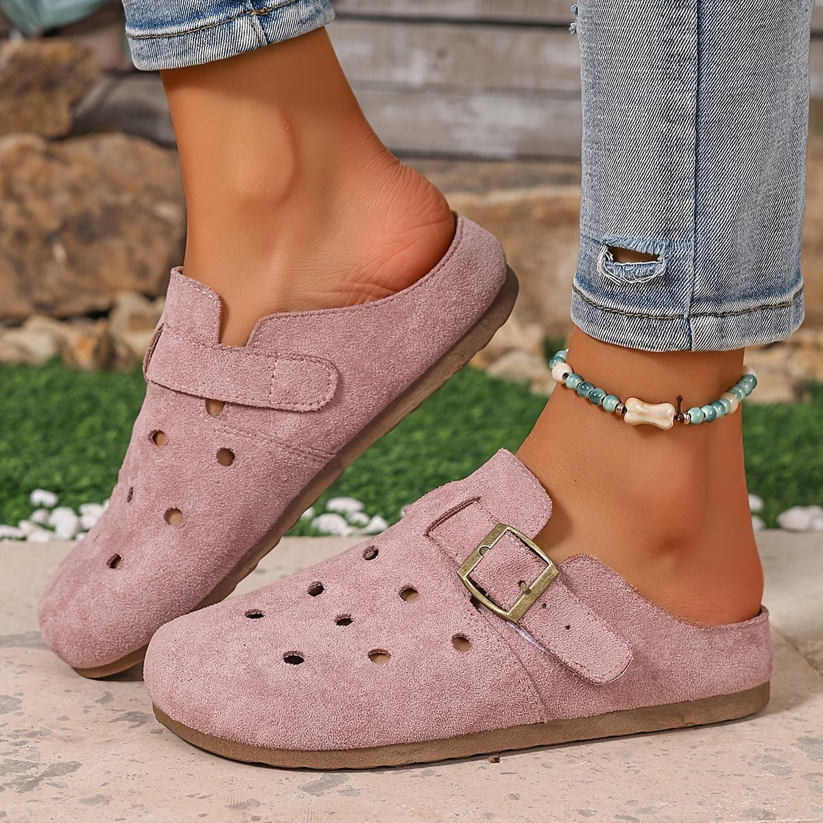 Pink Women's Suede Garden Clogs — Octavia Everyday Buckle Perforated